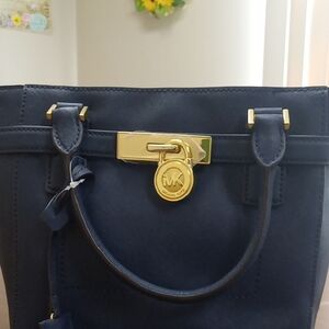 Michael Kors Dark Blue Satchel with Gold Accents